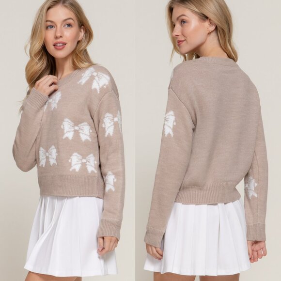 Active USA Sweaters - Active USA Beige White Long Sleeve Round Neck Jacquard Ribbon Sweater NEW